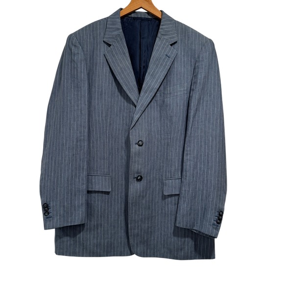 Vintage Jimmy Chen Bellora Italian Linen Blue Pinstripe Sport Coat Mens 42